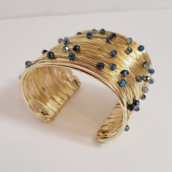 Gold Wire Wrapped Cuff Bracelet with Blue & Black Faceted Beads - Picture 5 of 8